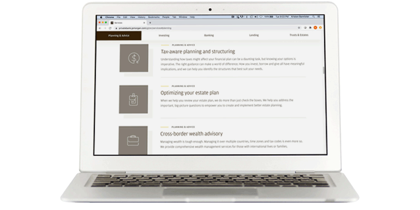 J.P. Morgan website featuring icons