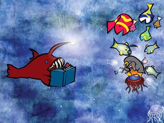 Amelia's Pajamas she sees the giant fish is not so scary