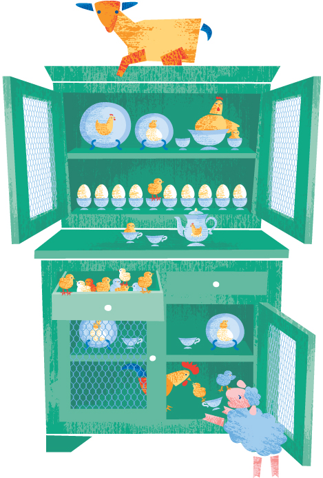 Farm animals in a china hutch coop