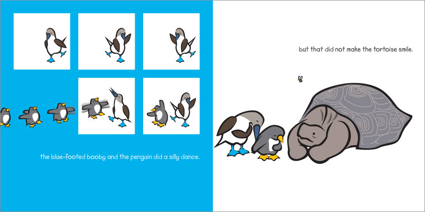 Galapagos Islands blue-footed booby and penguin try to cheer up the tortoise