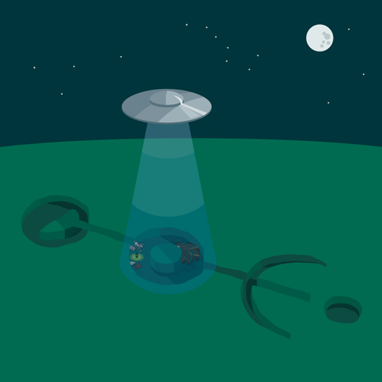 Goat + Pig and pals are suddenly bathed in a blue glow... must be that flying saucer overhead