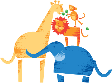 Jungle elephant, lion, monkey and giraffe