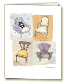 Amelia's Greetings card four chairs with Amelia the penguin sitting in one