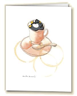 Amelia's Greetings card coffee break with Amelia the penguin on cup