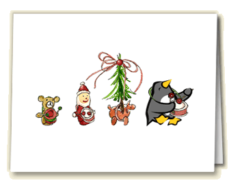 Amella's Greetings card Ammelia the penguin leading festive holdiay parade